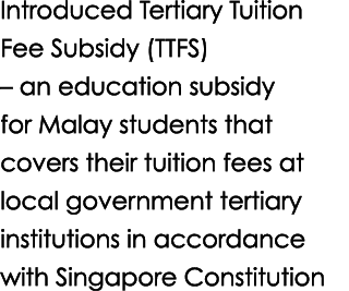 Introduced Tertiary Tuition Fee Subsidy (TTFS) – an education subsidy for Malay students that covers their tuition fe...