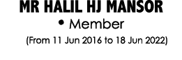 MR HALIL HJ MANSOR • Member (From 11 Jun 2016 to 18 Jun 2022)