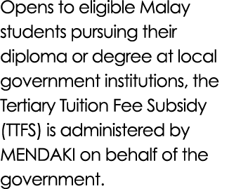 Opens to eligible Malay students pursuing their diploma or degree at local government institutions, the Tertiary Tuit...