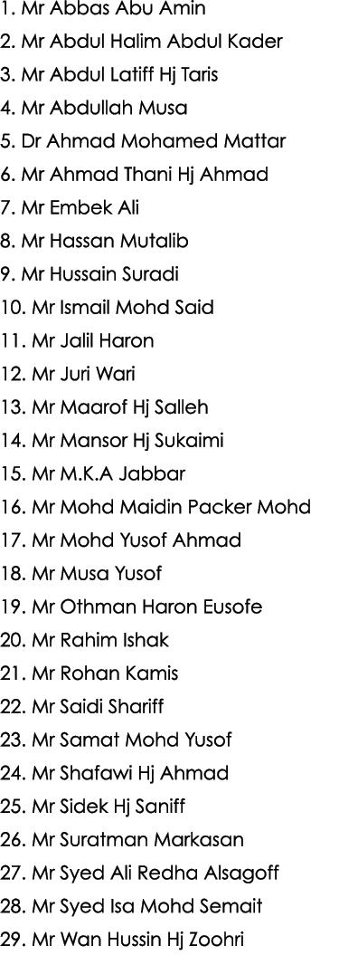 1. Mr Abbas Abu Amin 2. Mr Abdul Halim Abdul Kader 3. Mr Abdul Latiff Hj Taris 4. Mr Abdullah Musa 5. Dr Ahmad Mohame...