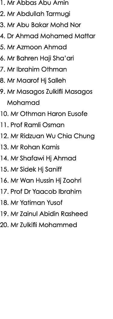 1. Mr Abbas Abu Amin 2. Mr Abdullah Tarmugi 3. Mr Abu Bakar Mohd Nor 4. Dr Ahmad Mohamed Mattar 5. Mr Azmoon Ahmad 6....